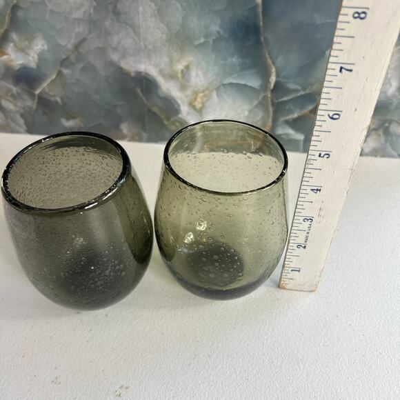 Green Smoke Bubble Glass Stemless Wine Artisan Glass Set of 2 - Picture 7 of 10